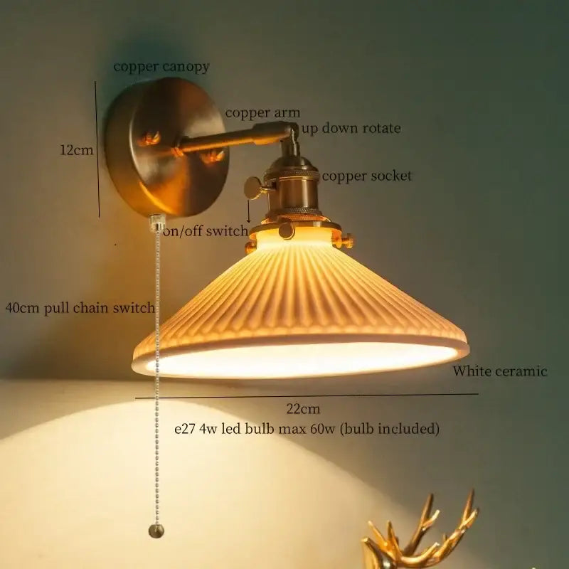 Vintage brass ceramic led wall lamp with copper finish and white ridged ceramic shade for bedroom decorbites brass ceramic