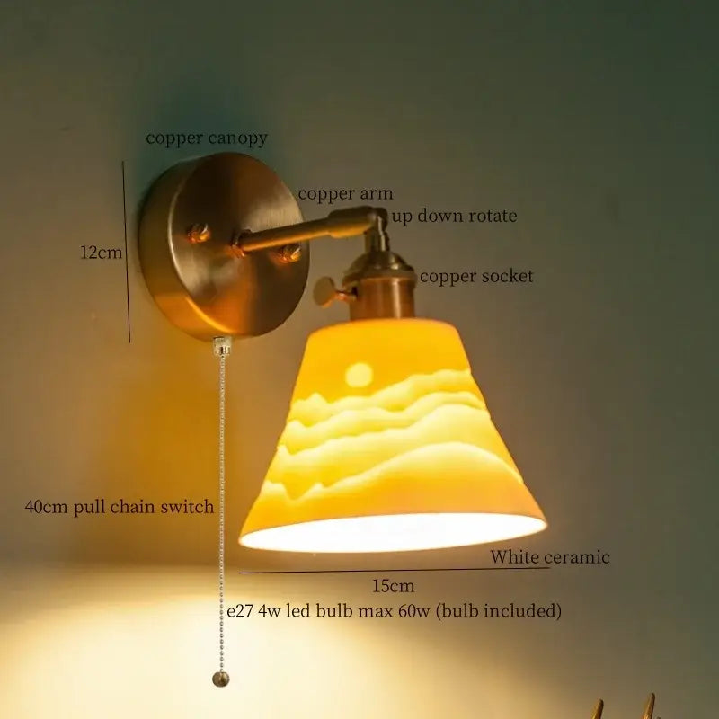 Copper-finished vintage brass ceramic led wall lamp with white ceramic embossed sunset shade and pull chain switch for bedroom decorbites brass ceramic