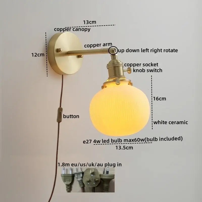 Vintage brass ceramic led wall light with a white ceramic globe shade and brass-finished copper arm for decorbites ceramic led wall use