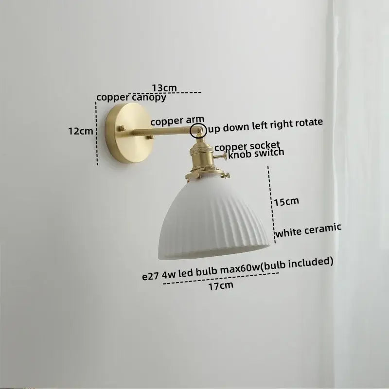 Vintage brass ceramic led wall light with ribbed white ceramic lampshade and brass-finished copper arm for bedroom decorbites ceramic led wall