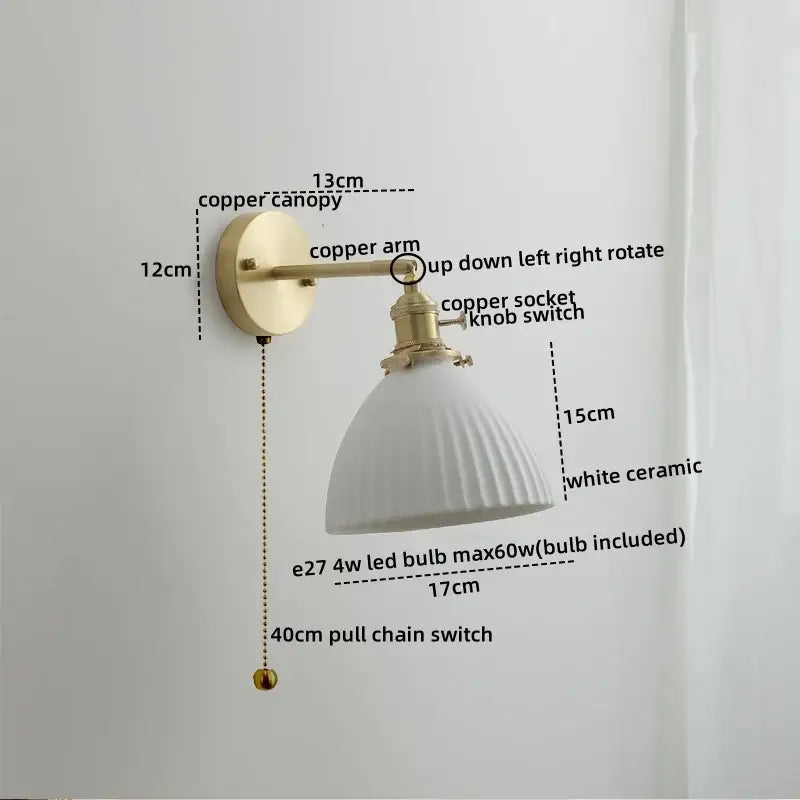 Vintage brass ceramic led wall light with ribbed white ceramic lampshade and copper arm for elegant bedroom decorbites ceramic led wall