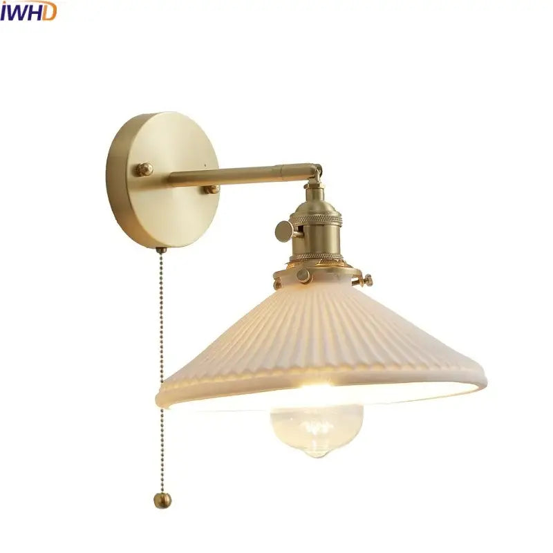 Vintage brass ceramic led wall light with ribbed off-white glass shade and exposed bulb for bedroom decorbites ceramic led wall
