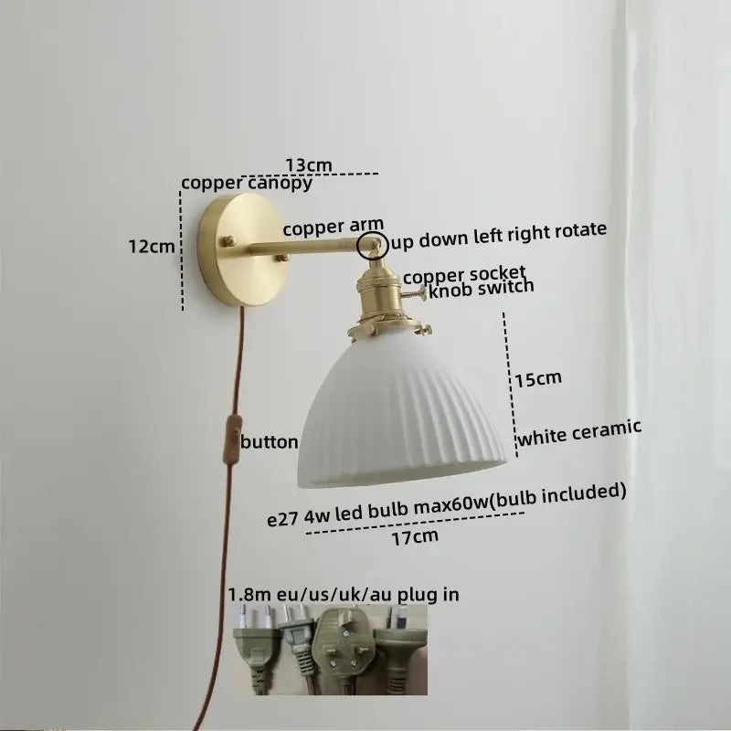 Vintage brass ceramic led wall light with ribbed white ceramic lampshade and brass-finished copper arm for decorbites ceramic led wall decor