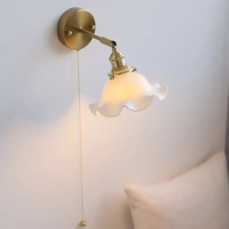 Vintage brass ceramic led wall light with ruffled translucent white glass shade perfect for bedroom decorbites ceramic led wall