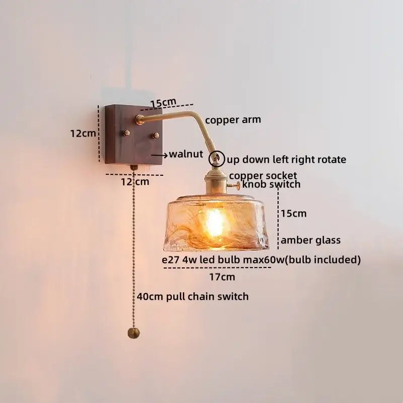 Vintage brass decorbites ceramic led wall sconce with copper arm amber glass shade and walnut mounting plate for bedroom decor