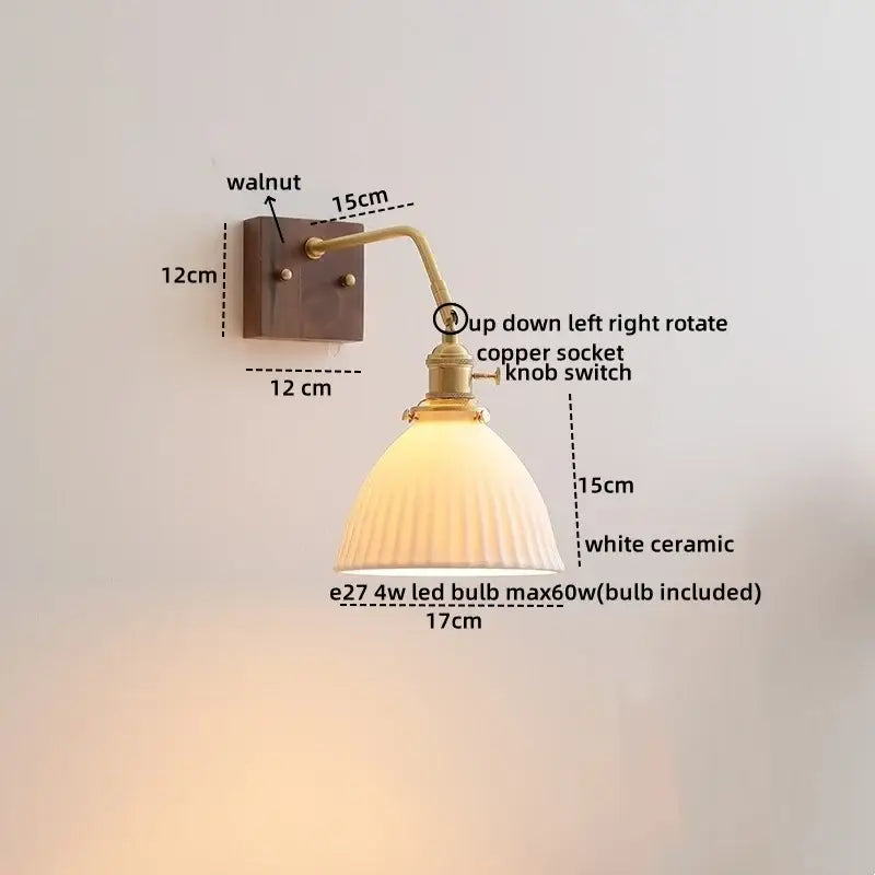 Vintage brass ceramic led wall sconce with white ceramic shade and walnut wood base for elegant bedroom decorbites ceramic led lighting