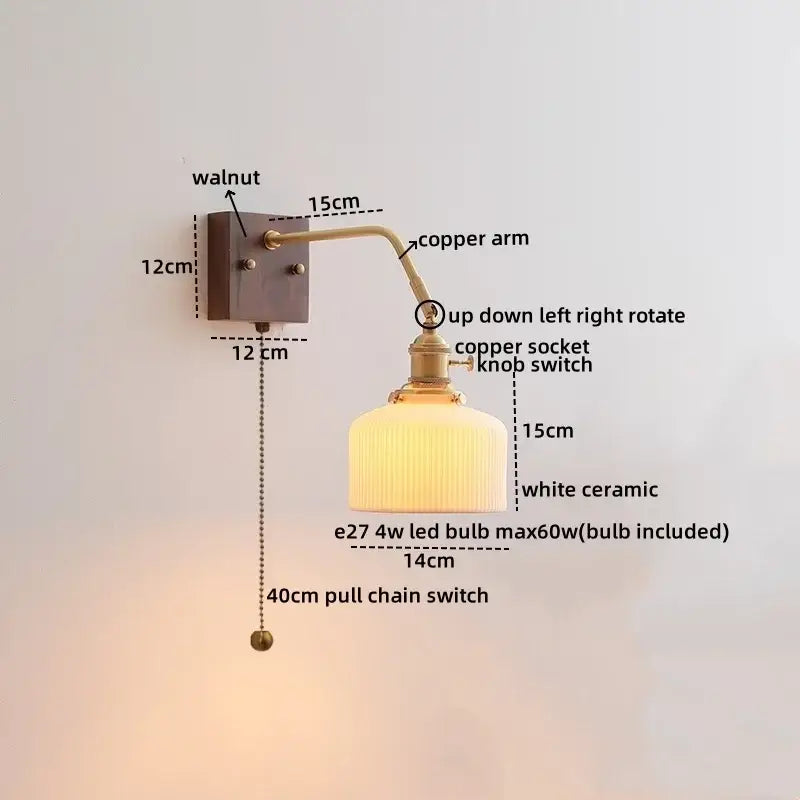 Vintage brass ceramic led wall sconce with walnut base copper arm and white ceramic shade for bedroom decorbites ceramic led wall