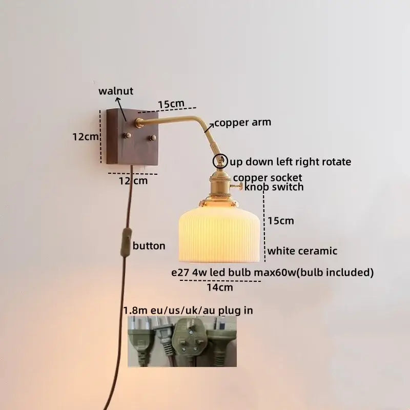 Vintage brass ceramic led wall sconce with walnut base copper arm and white ceramic shade for bedroom decorbites ceramic led wall