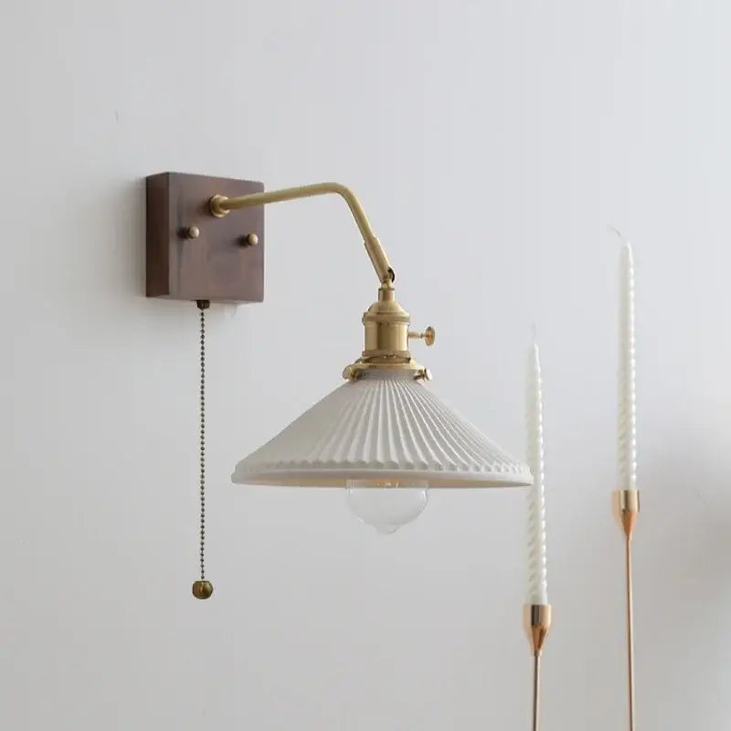 Vintage brass ceramic led wall sconce with white ribbed ceramic shade and scalloped glass light for bedroom decorbites ceramic led wall