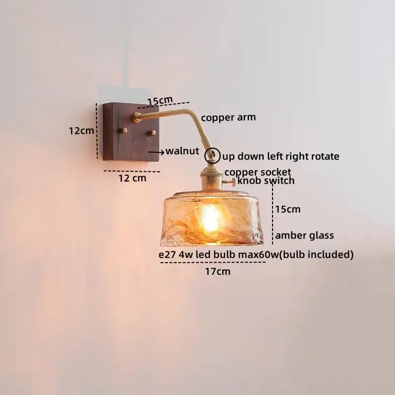 Warm amber glass ceramic led wall sconce with copper arm and walnut mount for vintage brass bedroom decorbites ceramic led wall