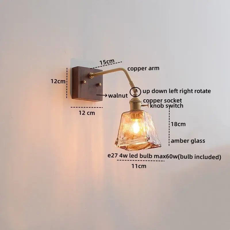 Vintage brass ceramic led wall sconce with amber faceted glass shade in antique brass finish for bedroom decorbites ceramic led wall use