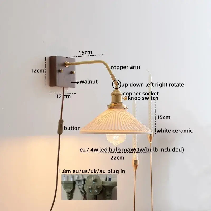 Vintage brass ceramic led wall sconce with walnut mounting plate and white ceramic shade for bedroom decorbites ceramic led wall
