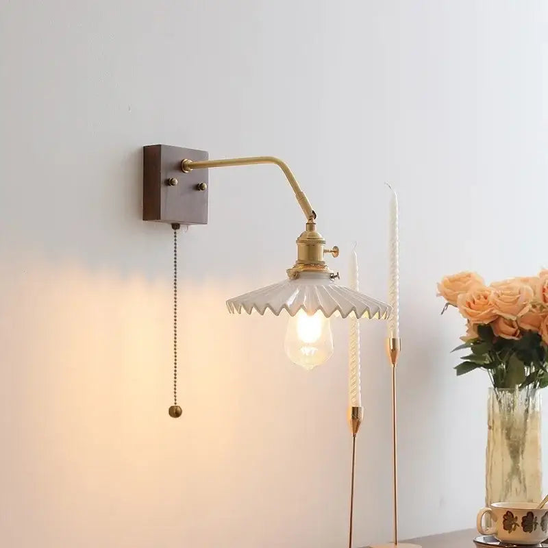 Vintage brass ceramic led wall sconce with scalloped frosted glass shade and exposed bulb for bedroom decorbites ceramic led wall