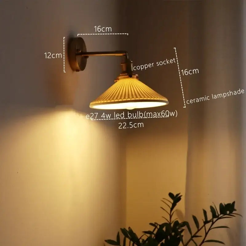 Copper-finished vintage brass ceramic led wall sconce with ribbed ceramic led wall lampshade for bedroom decorbites ceramic led