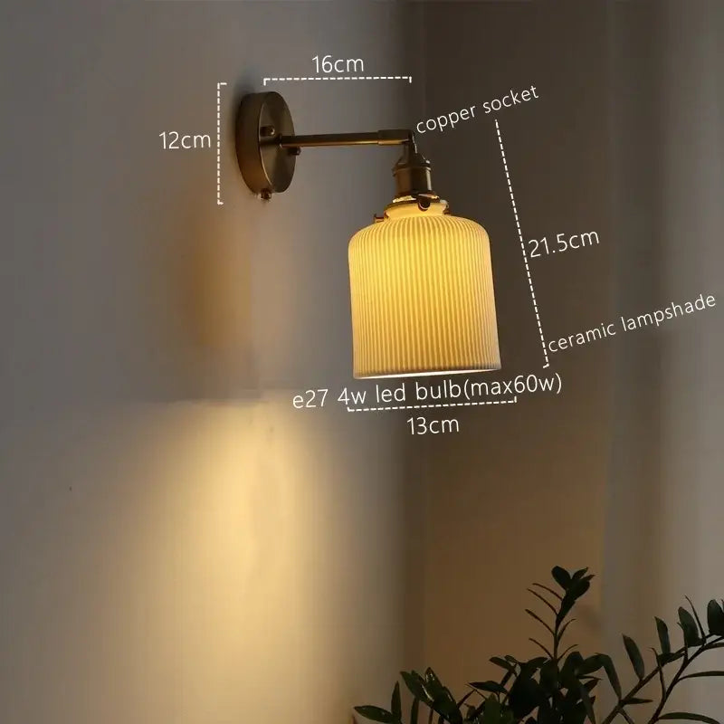 Vintage brass ceramic led wall sconce with ribbed glass and copper socket for bedroom decorbites ceramic led wall design