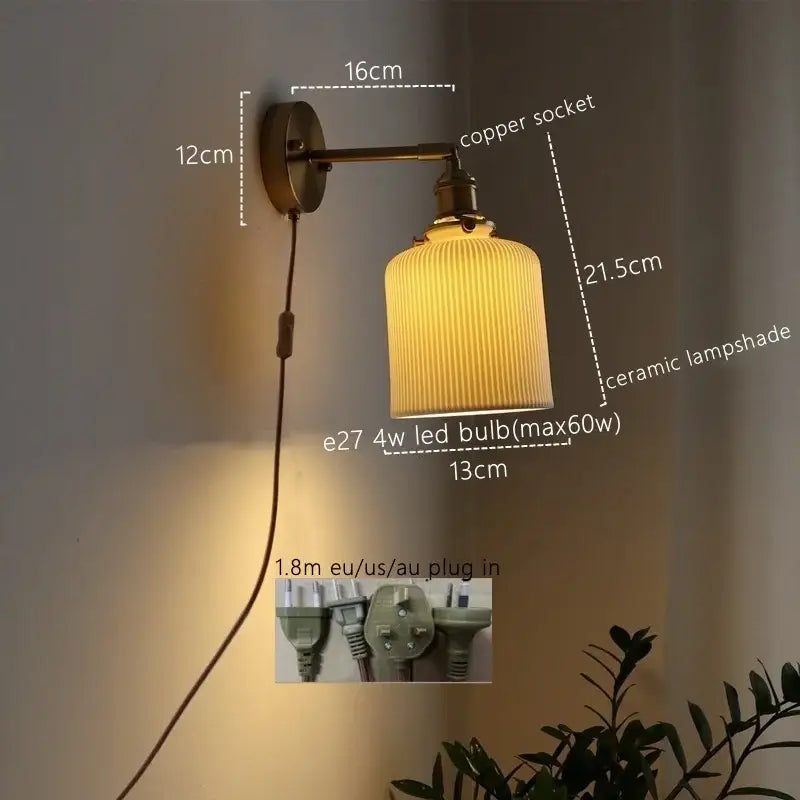 Vintage brass ceramic led wall sconce with ribbed glass and warm ceramic lampshade for bedroom decorbites ceramic led wall