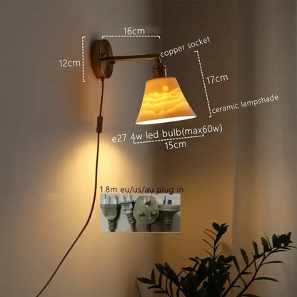 Copper-finished vintage brass ceramic led wall sconce with embossed ceramic lampshade and ribbed glass for bedroom decorbites ceramic led