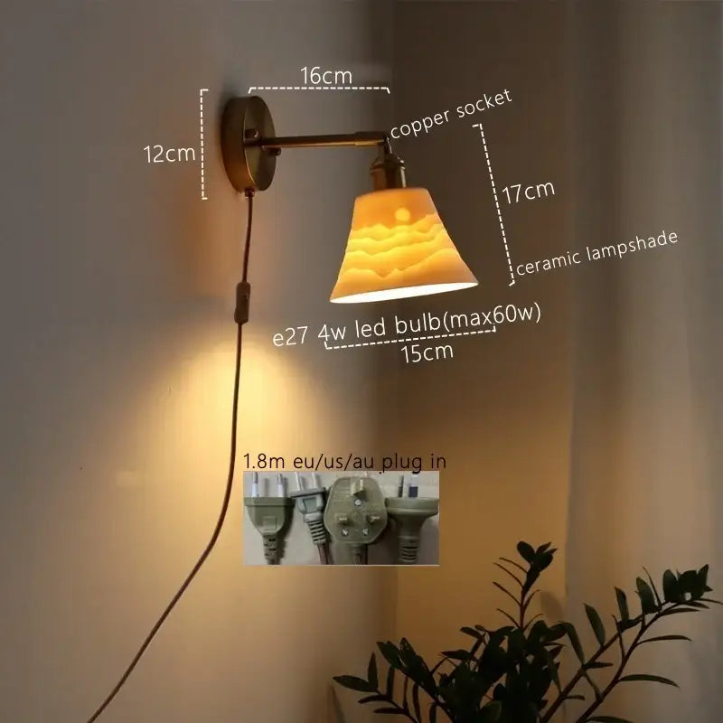 Copper-finished vintage brass ceramic led wall sconce with embossed ceramic lampshade and ribbed glass for bedroom decorbites ceramic led