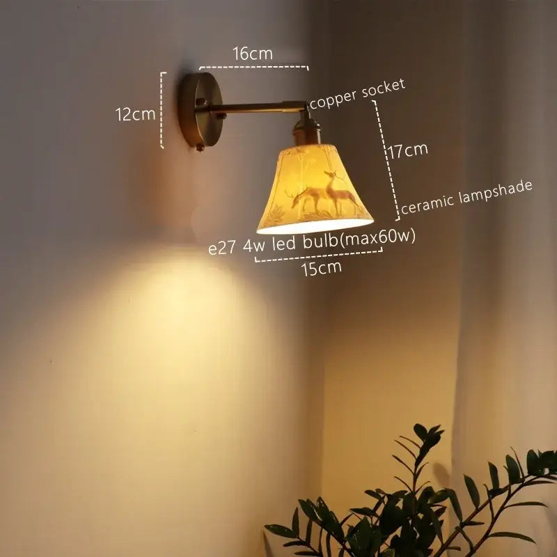 Copper-finished vintage brass ceramic led wall sconce with embossed deer ceramic led wall shade for bedroom decorbites ceramic led