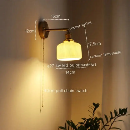 Vintage brass ceramic led wall sconce with warm-toned ribbed ceramic lampshade for bedroom decorbites ceramic led wall