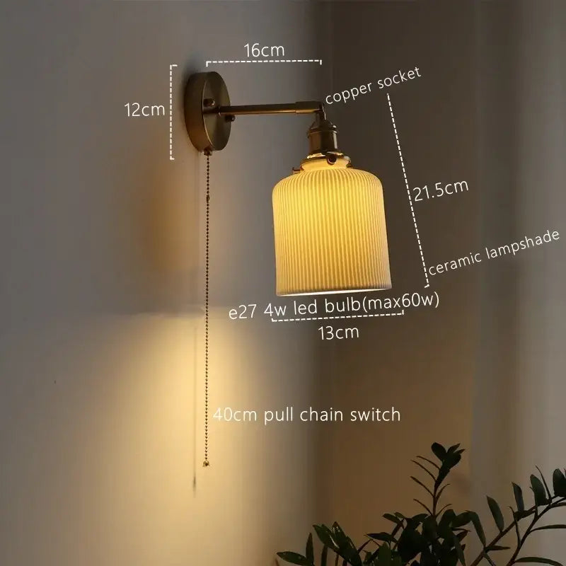 Vintage brass ceramic led wall sconce with ribbed warm cream ceramic lampshade for bedroom decorbites ceramic led wall