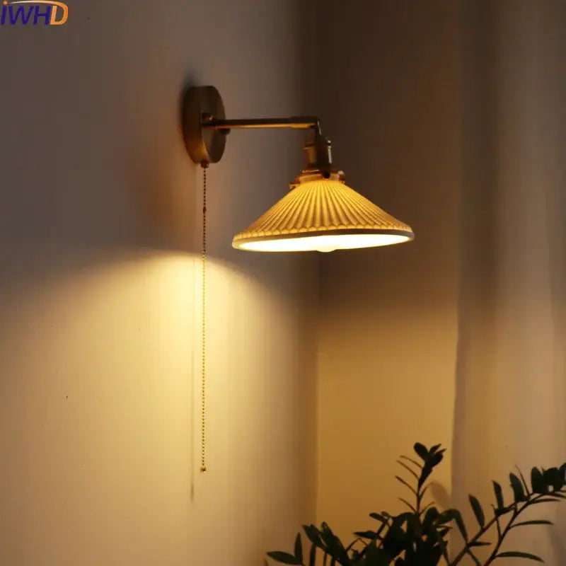 Vintage brass ceramic led wall sconce with ribbed cream glass shade and adjustable arm for bedroom decorbites ceramic led wall