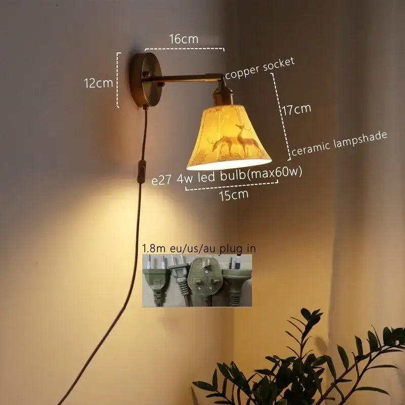 Copper-finished ceramic led wall sconce with embossed deer design and 4w led bulb for vintage bedroom decorbites ceramic led