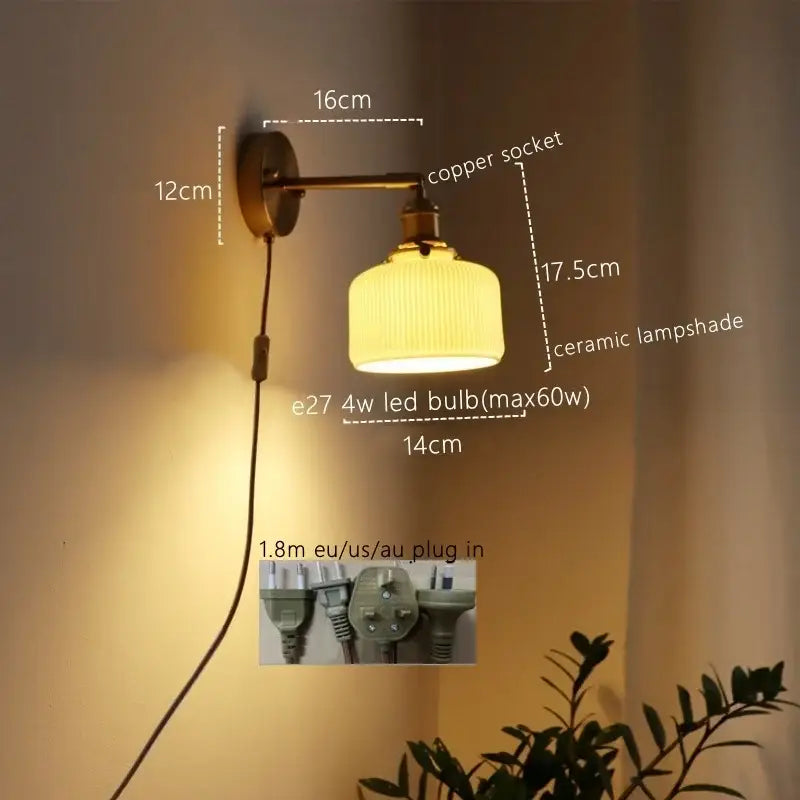 Warm-toned vintage brass decorbites ceramic led wall sconce with ribbed ceramic led wall lampshade for bedroom decor