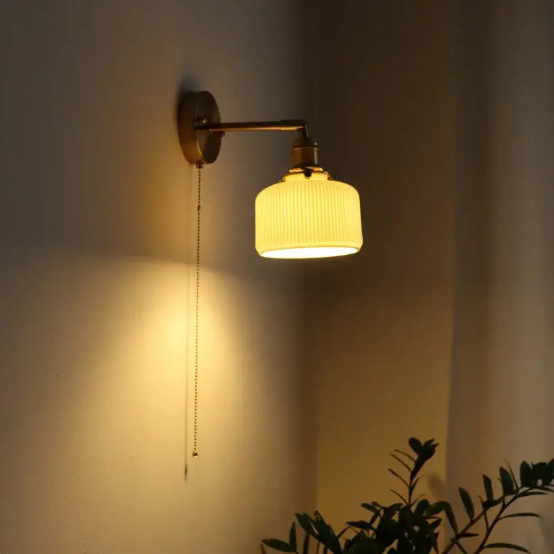 Vintage brass ceramic led wall sconce with ribbed frosted glass shade and pull chain for bedroom decorbites ceramic led wall
