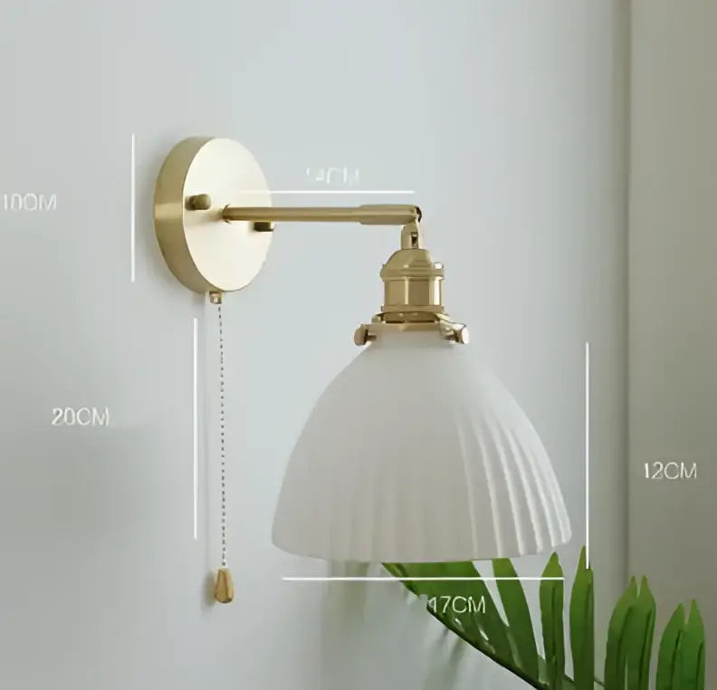 Vintage brass ceramic wall lamp with knob switch featuring a white ribbed glass shade for bedroom sconce decorbites ceramic wall
