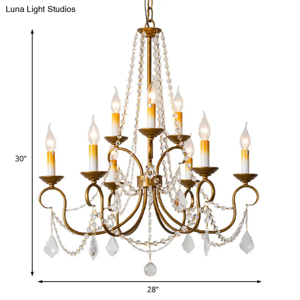 Lámpara colgante de araña vintage de latón - Hilo de cuentas de cristal - 6/9 luces - Bombilla desnuda