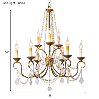 Lámpara colgante de araña vintage de latón - Hilo de cuentas de cristal - 6/9 luces - Bombilla desnuda