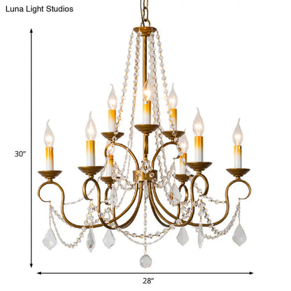 Lámpara colgante de araña vintage de latón - Hilo de cuentas de cristal - 6/9 luces - Bombilla desnuda