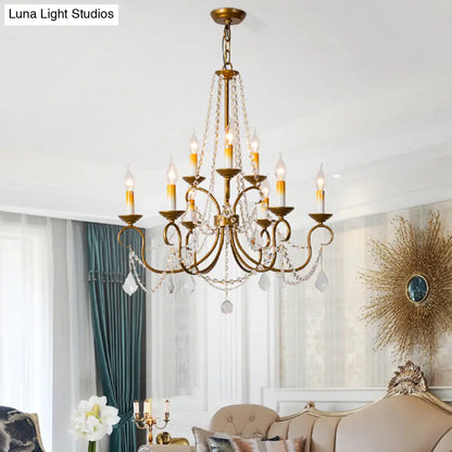 Lámpara colgante de araña vintage de latón - Hilo de cuentas de cristal - 6/9 luces - Bombilla desnuda