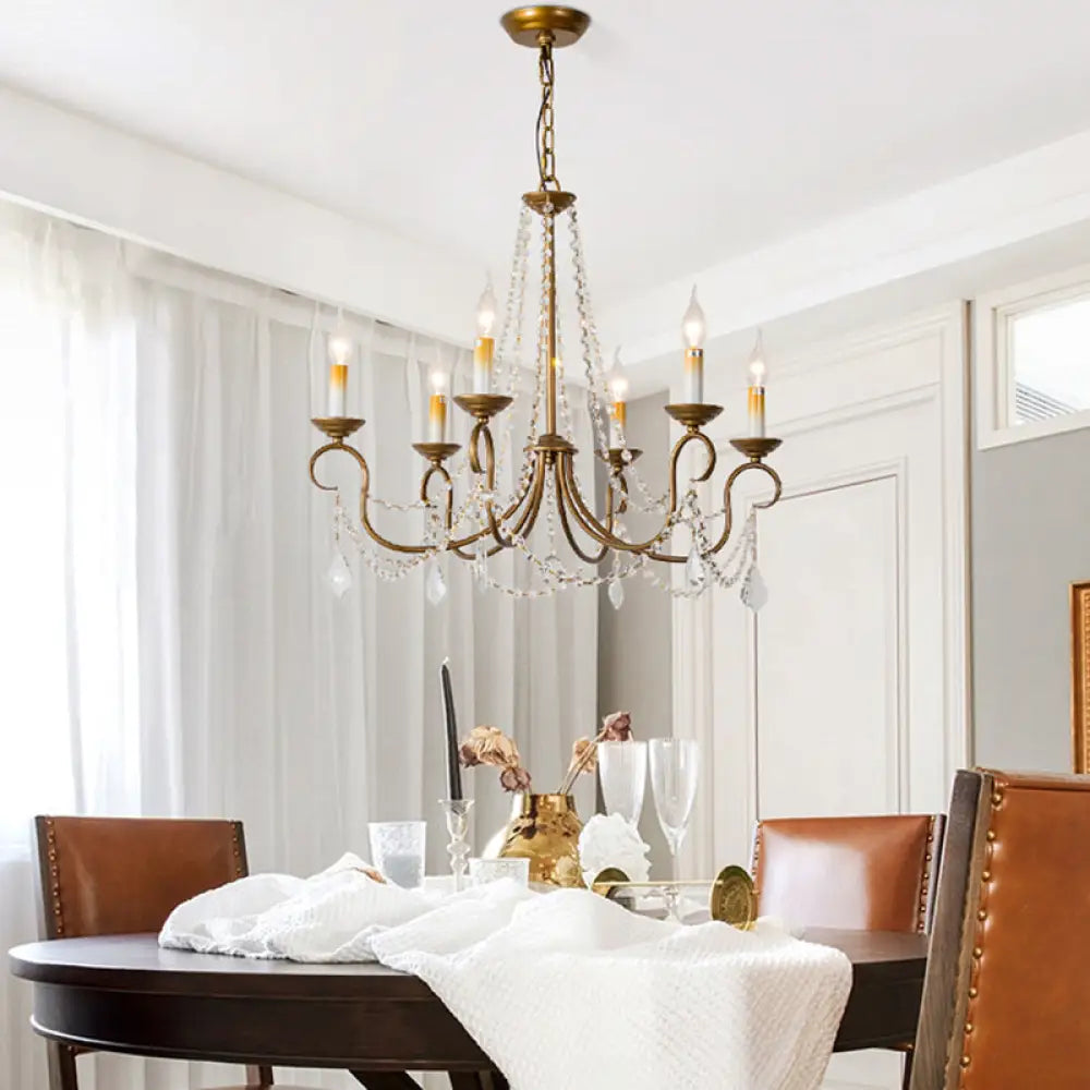 Lámpara colgante de araña vintage de latón - Hilo de cuentas de cristal - 6/9 luces - Bombilla desnuda