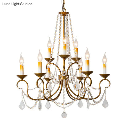 Lámpara colgante de araña vintage de latón - Hilo de cuentas de cristal - 6/9 luces - Bombilla desnuda