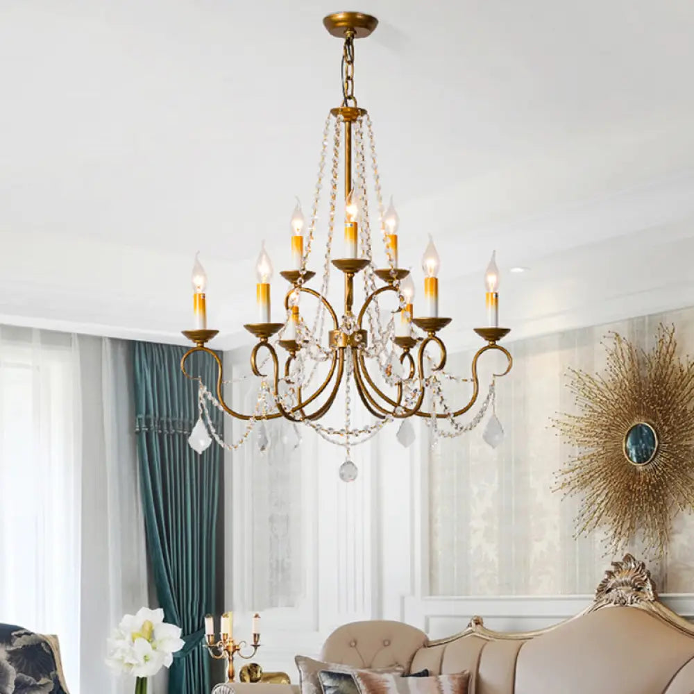 Lámpara colgante de araña vintage de latón - Hilo de cuentas de cristal - 6/9 luces - Bombilla desnuda