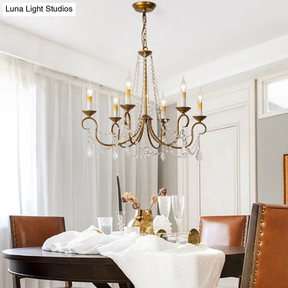 Lámpara colgante de araña vintage de latón - Hilo de cuentas de cristal - 6/9 luces - Bombilla desnuda