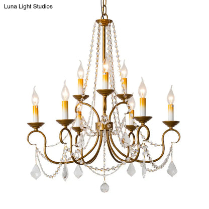 Lámpara colgante de araña vintage de latón - Hilo de cuentas de cristal - 6/9 luces - Bombilla desnuda