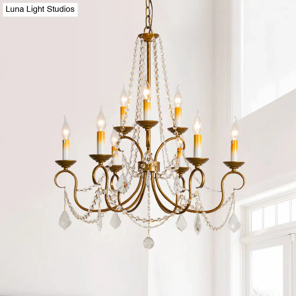 Lámpara colgante de araña vintage de latón - Hilo de cuentas de cristal - 6/9 luces - Bombilla desnuda