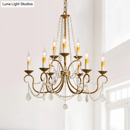 Lámpara colgante de araña vintage de latón - Hilo de cuentas de cristal - 6/9 luces - Bombilla desnuda