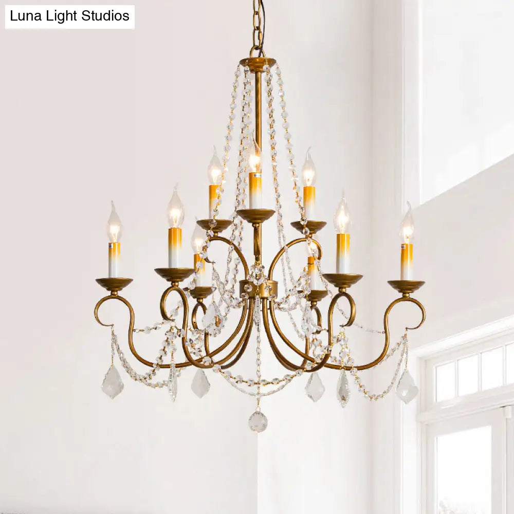 Lámpara colgante de araña vintage de latón - Hilo de cuentas de cristal - 6/9 luces - Bombilla desnuda