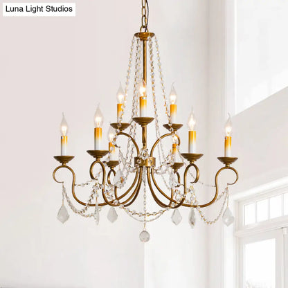 Lámpara colgante de araña vintage de latón - Hilo de cuentas de cristal - 6/9 luces - Bombilla desnuda