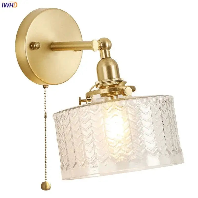 Vintage brass chevron clear glass led wall lamp with textured glass shade for bedroom sconce lighting