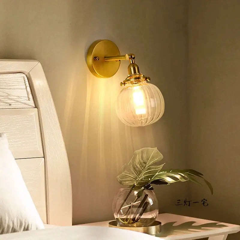 Vintage brass chevron wall lamp with clear ribbed glass globe led wall sconce for bedroom lighting