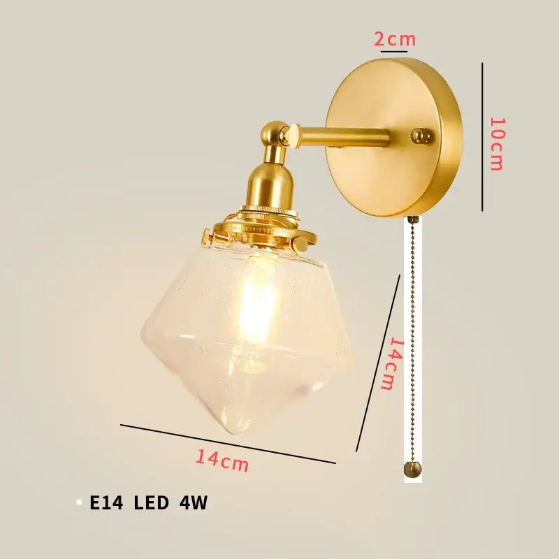 Vintage brass chevron clear glass led wall lamp with gold finish and diamond-shaped glass shade for bedroom sconce