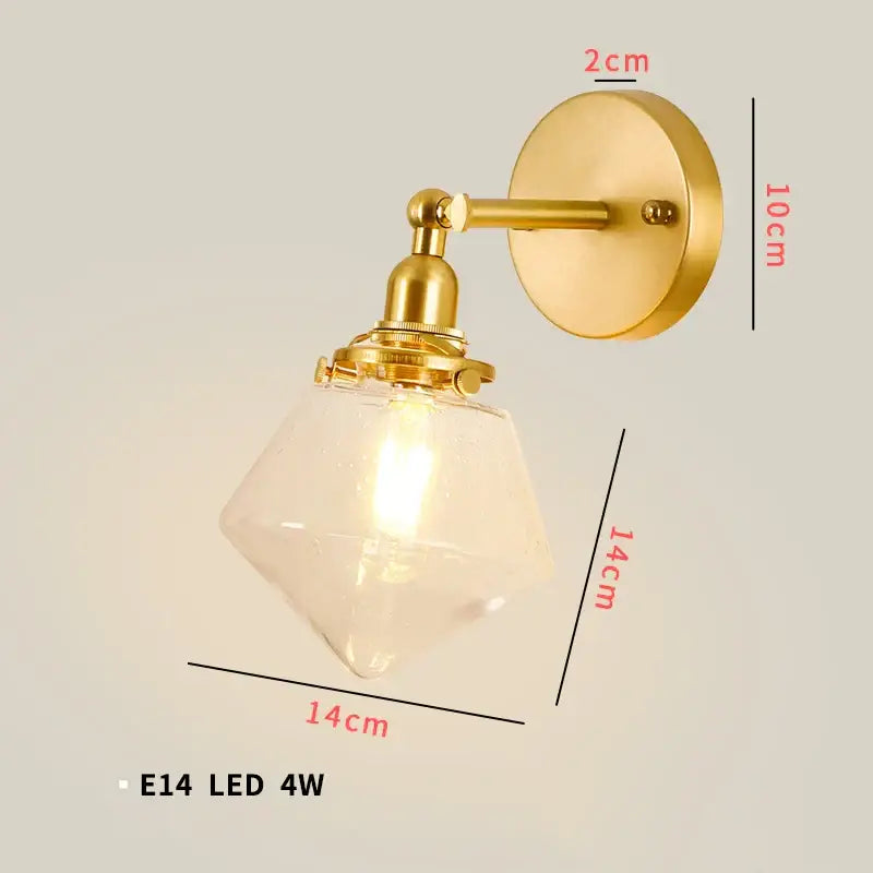 Gold-finished vintage brass chevron clear glass led wall lamp with faceted glass shade for bedroom sconce lighting