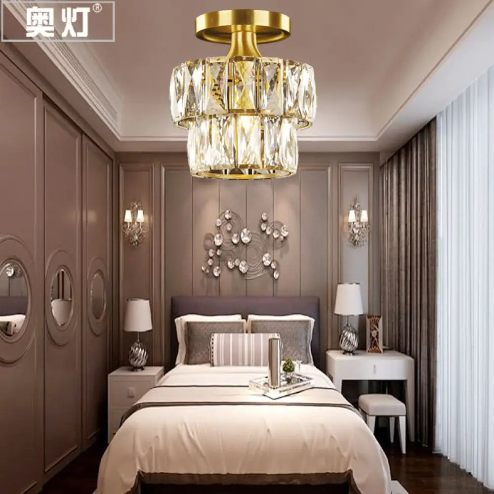 Vintage Brass/Clear Ceiling Mount Light with Crystal Accent - Perfect for Hallway