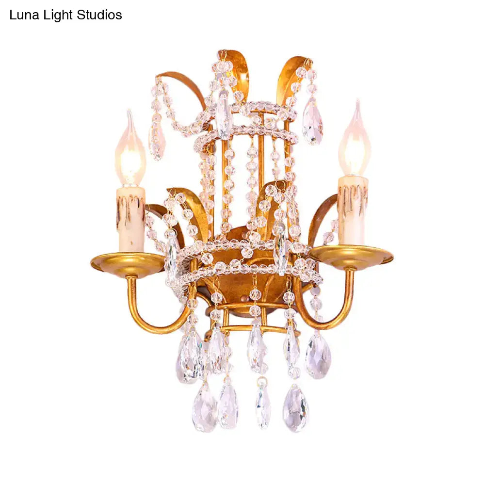 Vintage brass clear crystal wall lamp chandelier sconce with gold finish direct wired for bedroom use