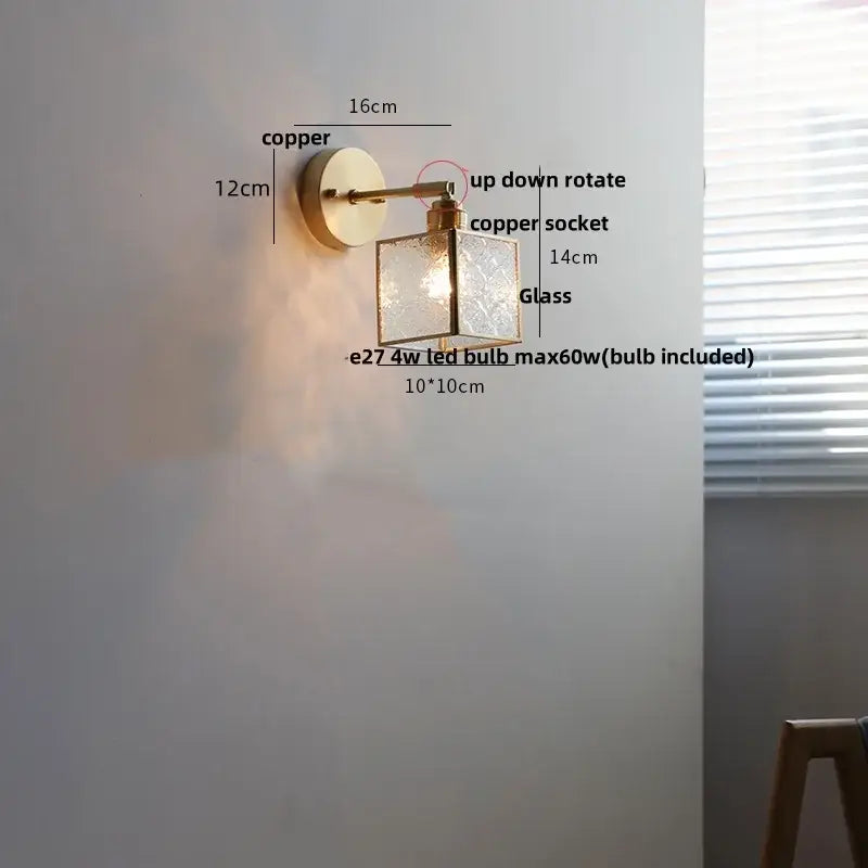 Copper-finished vintage brass wall lamp with clear glass etched shade and pull chain switch for bathroom use